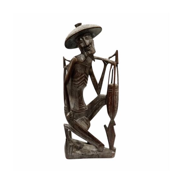 Vintage Hand Carved Solid Wood Smiling Old Man  Vendor - Picture 2 of 10